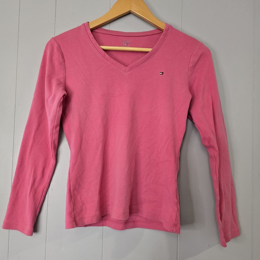 Womens‎ Tommy Hilfiger V-neck Cotton Long Sleeve T-shirt Top Barbie Bold Pink